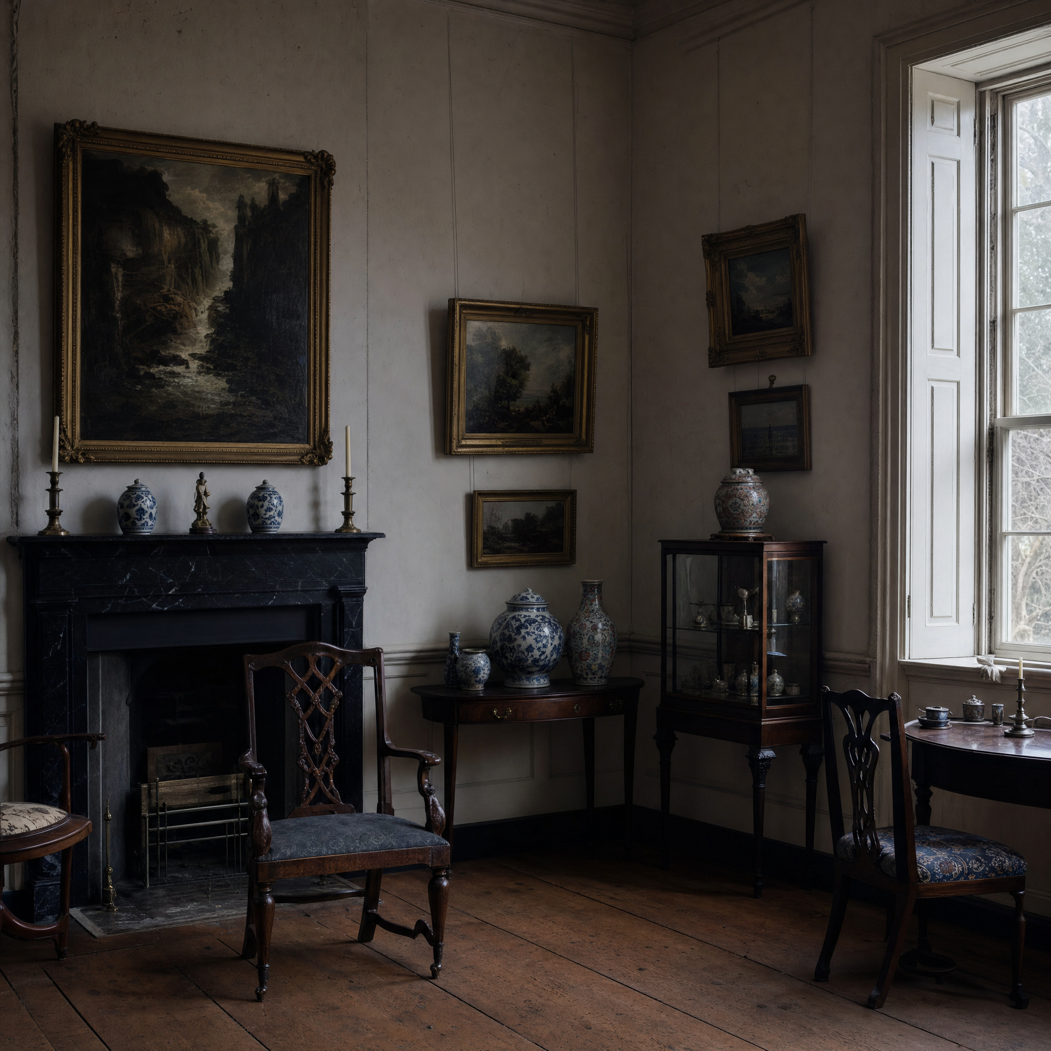 A drawing room in the historic house, porcelain and enamels on a side table