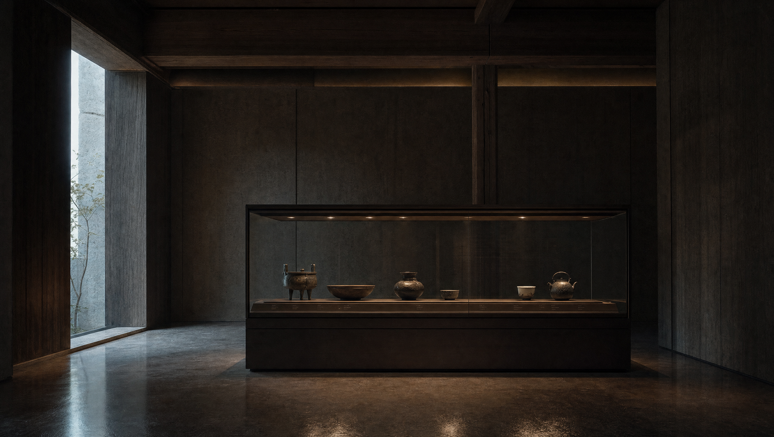 An empty gallery of dark timber and stone, a low vitrine of bronze and tea ceramics lit softly from above