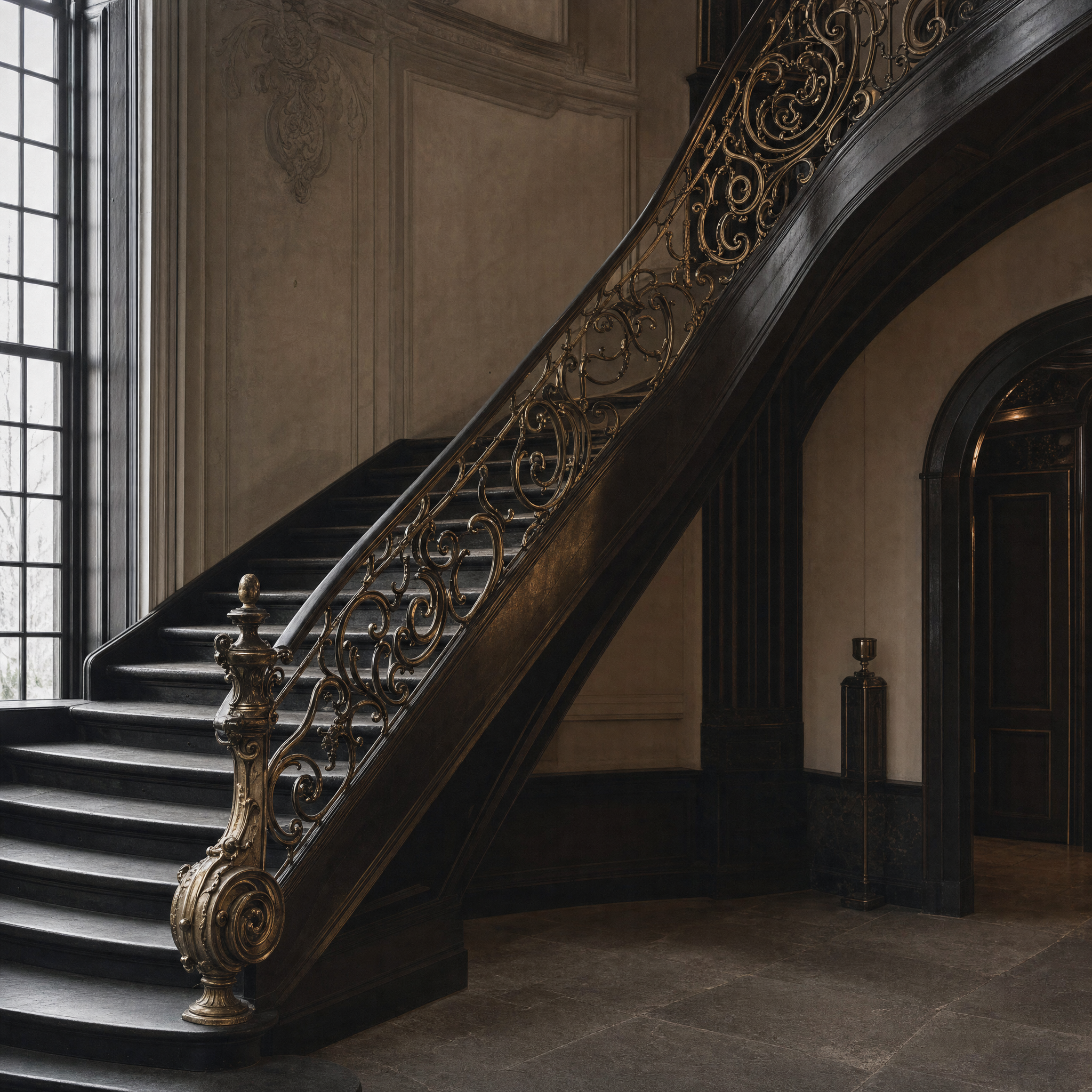 The staircase hall, brass and iron balustrade scrolling up into the light