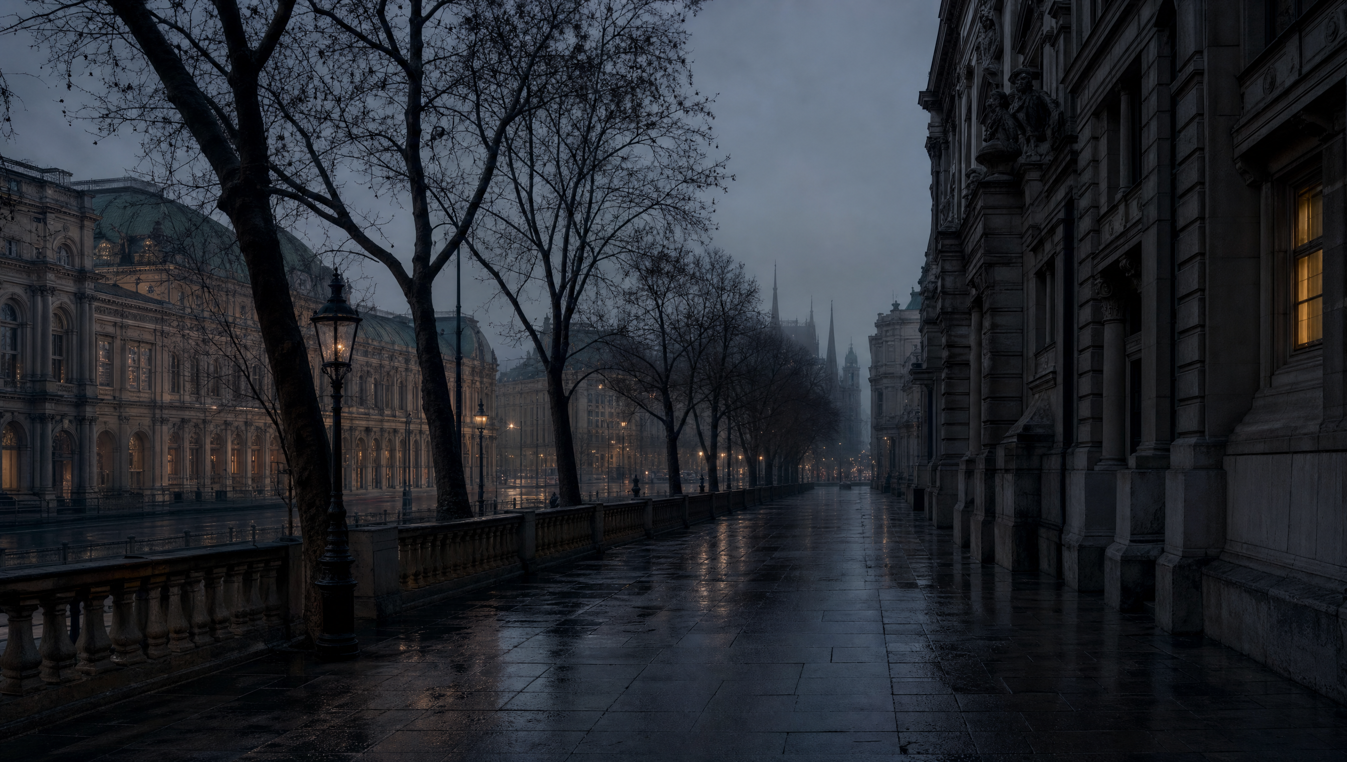A wide Viennese boulevard in January, wet stone, bare trees and monumental grey facades in low winter light