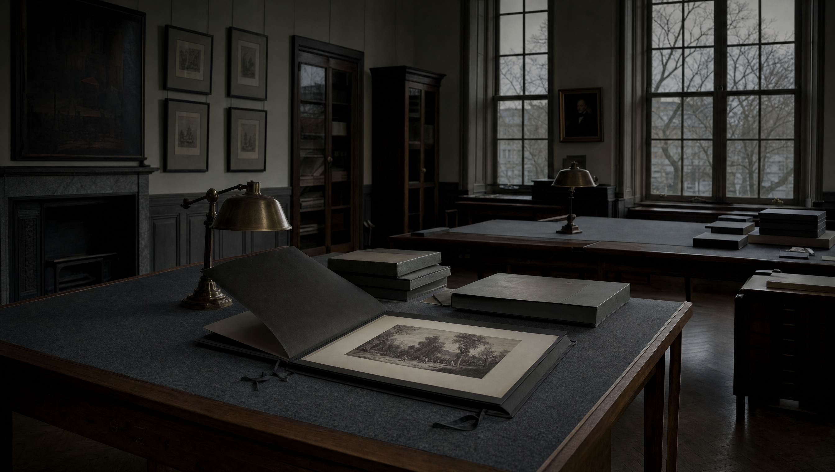 An empty print room: long study tables, unlit brass lamps, solander boxes and an open portfolio in grey winter daylight
