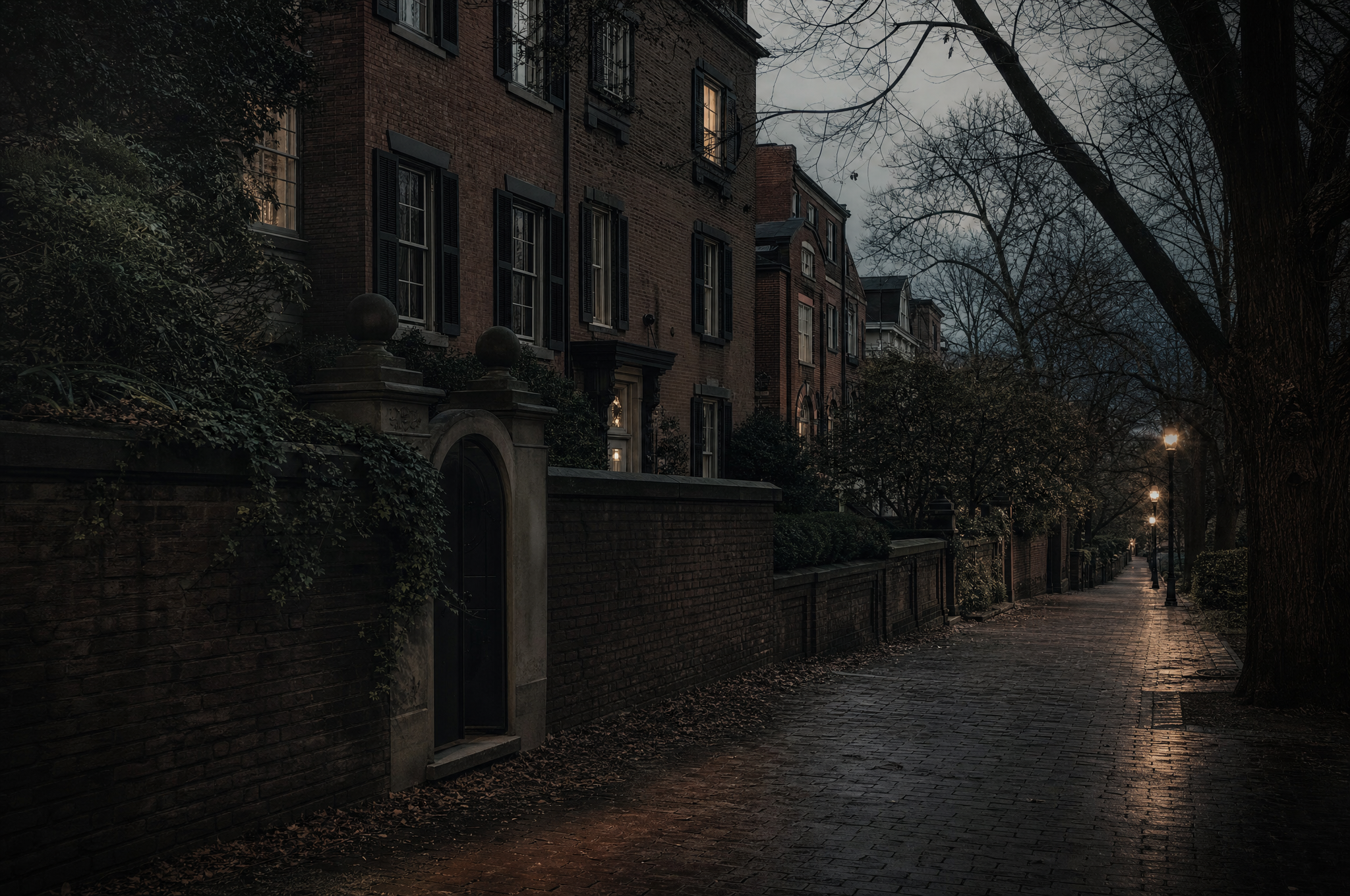 A Georgetown street at dusk with Federal brick houses, a garden wall and damp brick paving
