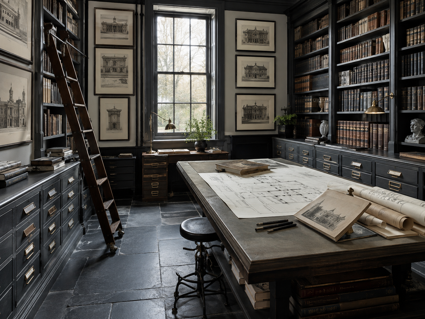The dark study at Ashcroft, shelves and cabinets painted storm grey