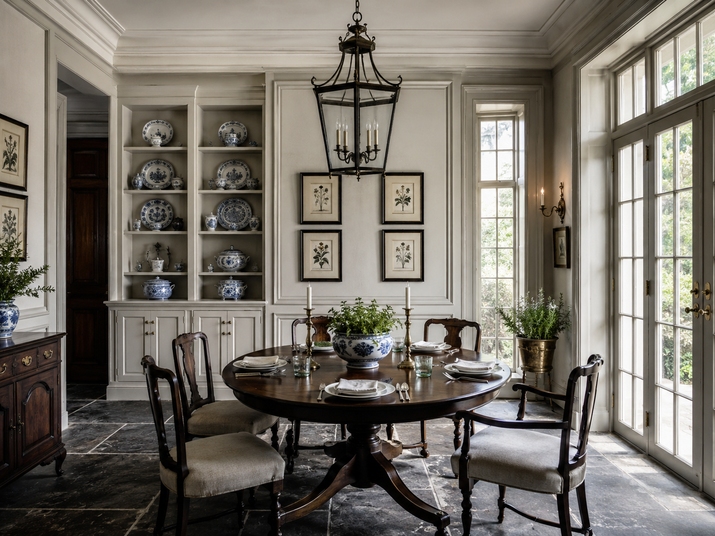 The dining room at Ashcroft, with blue and white china on the built-in dresser