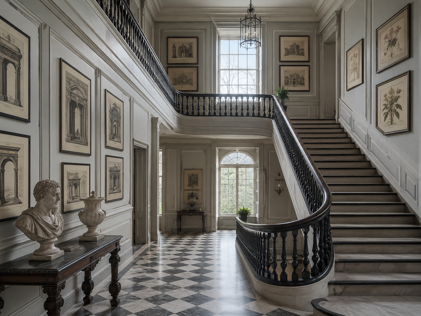 The staircase hall, hung with architectural prints