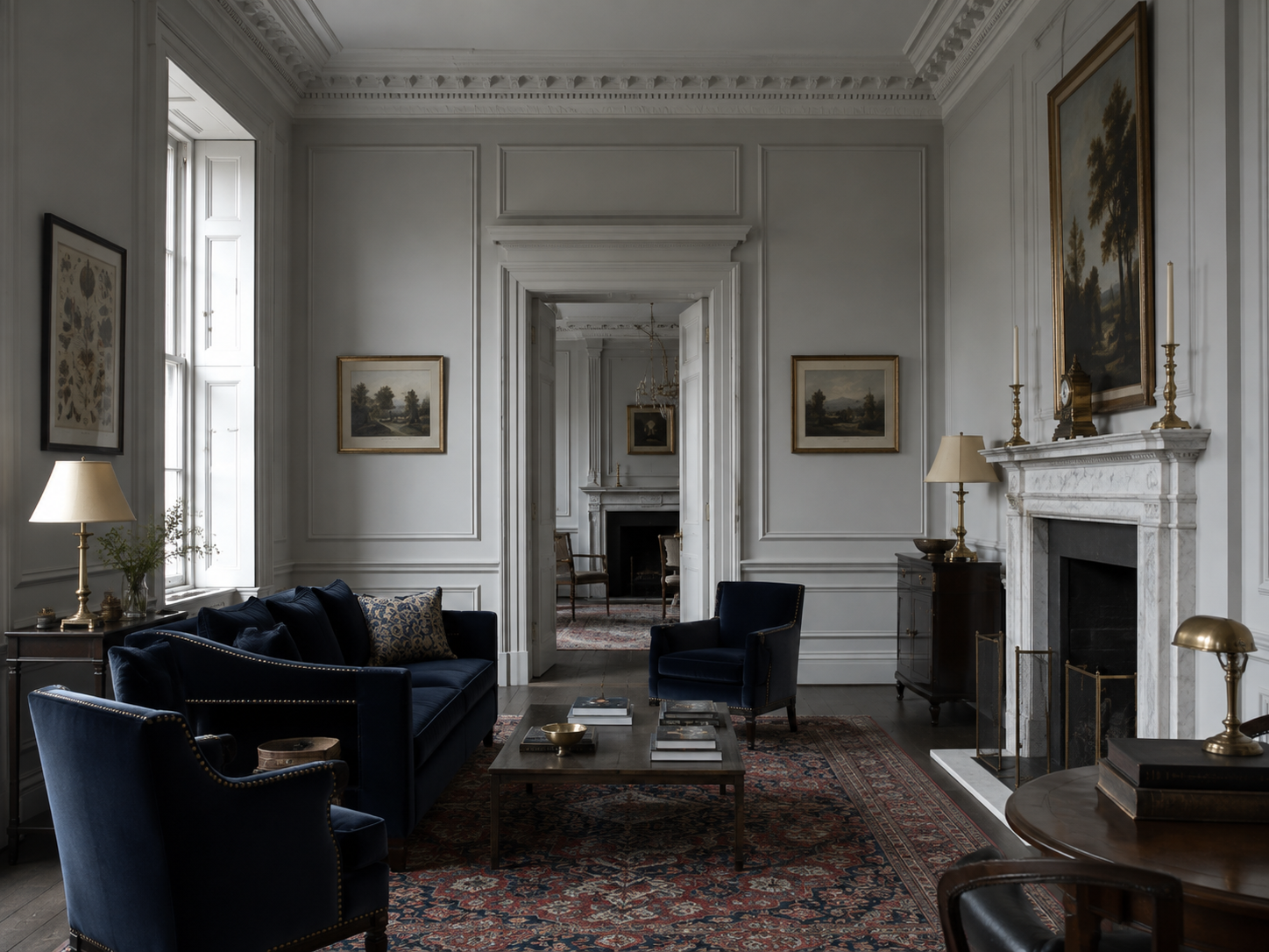 The navy sitting room at Ashcroft, looking through to the enfilade